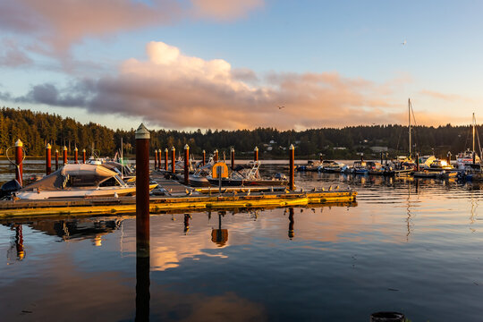 Fishing boats illuminated by low sunlight. Beautiful reflection in calm water of a bay