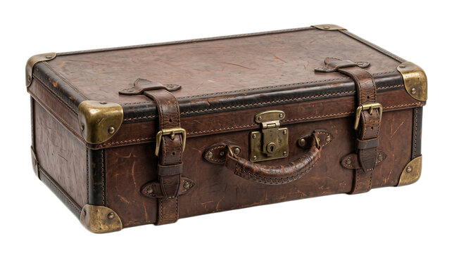 A vintage brown leather suitcase with weathered texture and tarnished brass corner reinforcements rests ready for a long journey through time to tell stories of past travel experiences