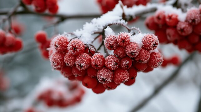 a cluster of bright red berries covered in a layer of white snow. The berries are clustered together, with some overlapping each other, and the snow is lightly dusted around them.
