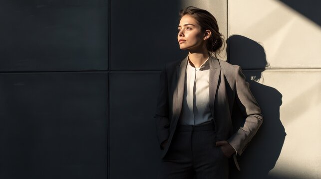 Business woman posing against the wall