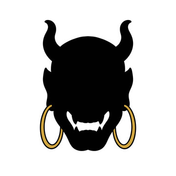 Dark Horned Demon Head Silhouette with Gold Earrings.