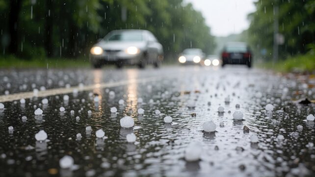 Heavy hail stones falling on a wet road surface with blurred cars driving in the background.