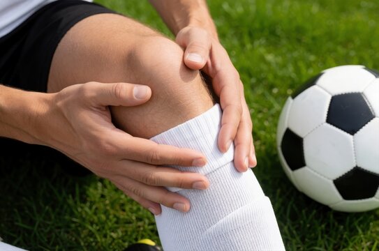 A soccer player sits on the grass holding his injured knee with both hands near a ball.