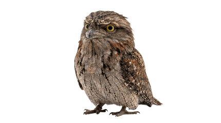 Fototapeta premium A majestic tawny frogmouth displays remarkable natural camouflage patterns as the nocturnal predator stands watch patiently while resting during the peaceful daylight hours in the wild