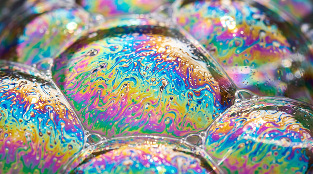 虹色の反射が美しいシャボン玉の表面の抽象的なテクスチャ背景
