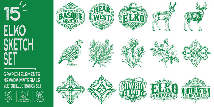 Elko Nevada Vintage Western Travel Graphic Element Set, Cowboy Poetry Typography, Basque Heritage Shapes, Ranch Botanicals, Great Basin Wildlife and Old West Promotional Badges