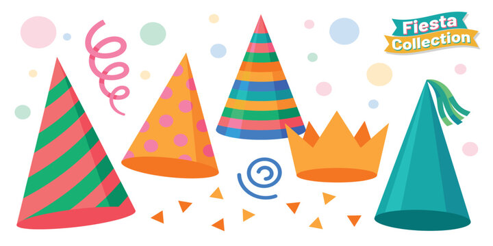 colorful birthday patry hats and crown illustration