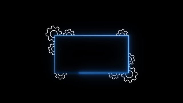 Neon blue rectangular frame with animated white mechanical gears spinning on black background motion graphic design loop for industrial technology and digital engine concept.