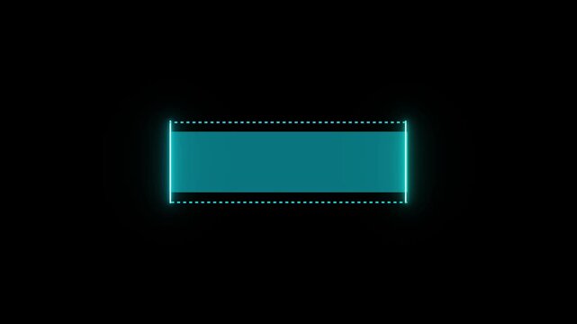 Cyan rectangle graphic with glowing neon outline and dotted edges on black background, animated futuristic digital interface element, abstract background footage.