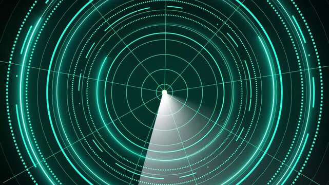 Cyan digital radar screen motion background featuring rotating scanning beam and concentric geometric circles for high tech security and navigation surveillance technology clip.