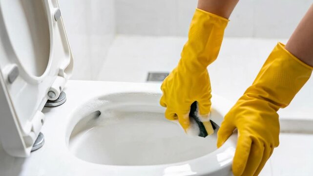 A person wearing yellow rubber gloves thoroughly cleans the rim of a white toilet with a sponge.