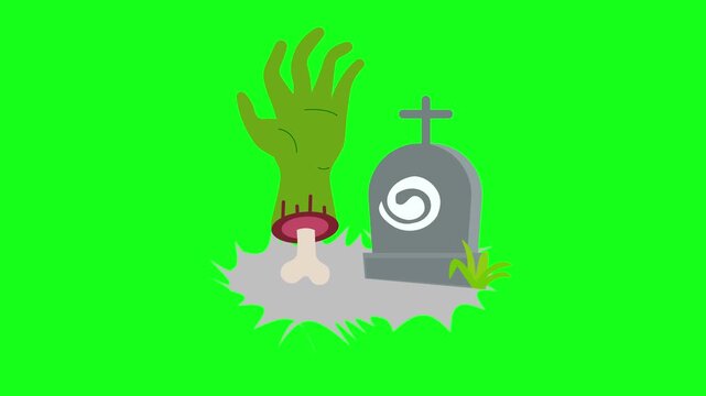 Halloween horror animation with a green zombie hand emerging from a grave on a green screen background