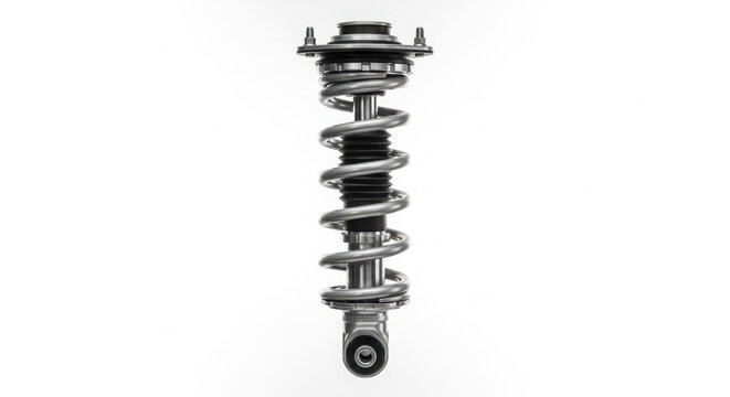 Metallic car suspension strut assembly featuring heavy duty steel coil spring isolated against clean white studio background for automotive repair