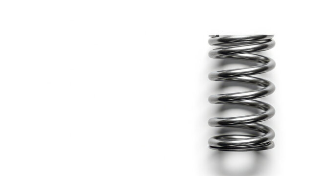 Shiny metallic steel compression spring standing vertically isolated against a clean white background captured with sharp focus and professional lighting