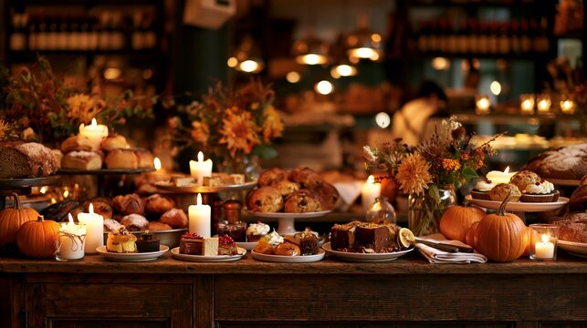 a cozy, rustic setting, likely a bakery or cafe. The main subject is a wooden table laden with a variety of baked goods, including cakes, pastries, and breads.