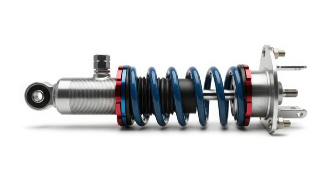 High performance automotive coilover suspension shock absorber featuring polished steel metallic components and vibrant blue springs against a white background