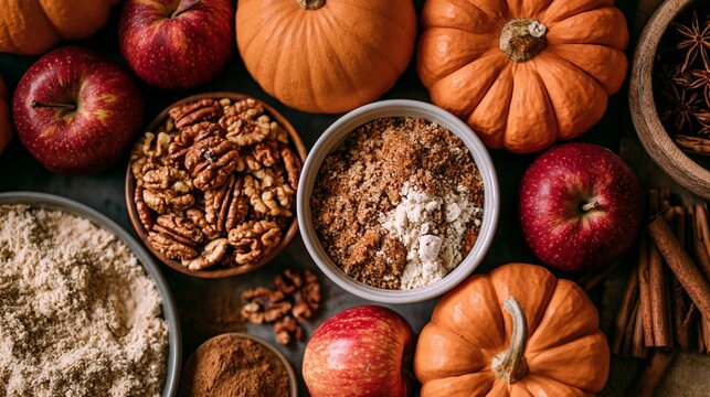 a rustic wooden surface displays a collection of autumnthemed ingredients pumpkins, apples, nuts, cinnamon, and star anise. The pumpkins are orange, the apples are red, the nuts are brown.