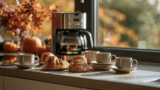 a kitchen countertop displays a collection of freshly baked croissants, cups, and a coffee maker. The countertop is made of a lightcolored material, likely granite or marble, and features a sleek.