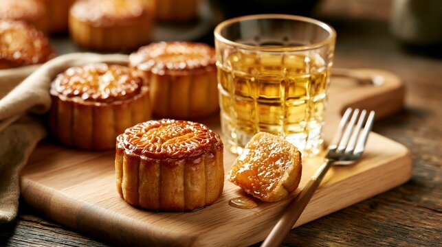 a rustic wooden table displays a collection of traditional Chinese mooncakes. The mooncakes are goldenbrown in color and have a flaky, buttery crust. A glass of ambercolored liquid.