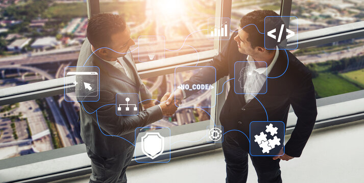 Business professionals shaking hands with digital icons representing technology, collaboration, and innovation in a modern office setting with a city view Quark.