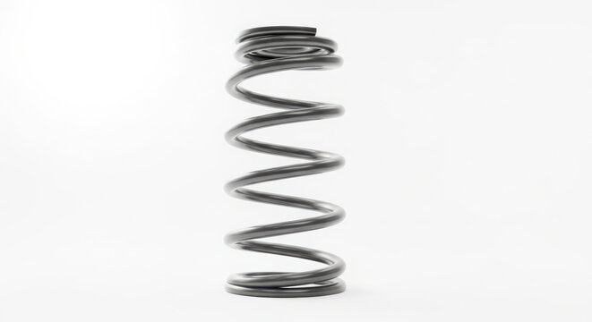 Industrial steel coil spring standing vertically against a clean white background showcasing smooth metallic texture and precision engineering design quality
