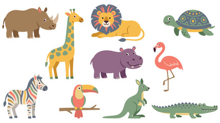 Fototapeta premium Collection of cute cartoon wild animal characters isolated on white background.