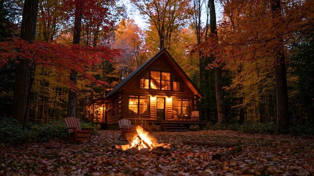 a cozy cabin nestled in a dense forest during autumn. The cabin, made of wooden logs, has a triangular roof and large windows that allow natural light to illuminate the interior.
