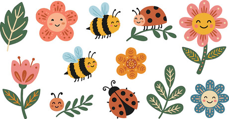 Obraz premium Cute spring garden insect and flower sticker set with happy bumblebees ladybugs and smiling cartoon floral characters