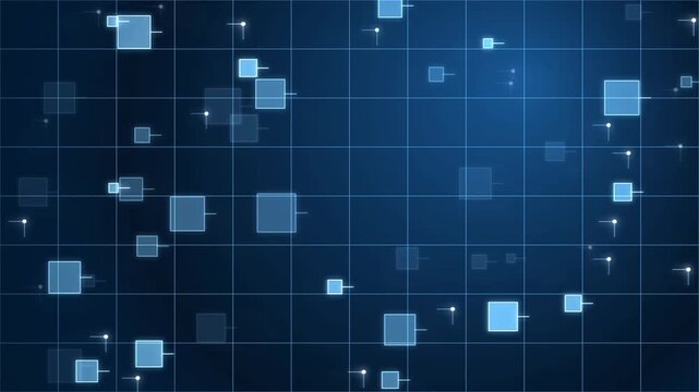 Futuristic digital grid background with floating blue data squares. High tech network motion graphics for cyber security and big data visualization. Abstract dark blue corporate video. High