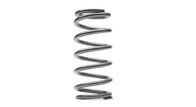 Shiny metallic steel coil spring standing vertically against a clean white background for industrial engineering or mechanical hardware design projects