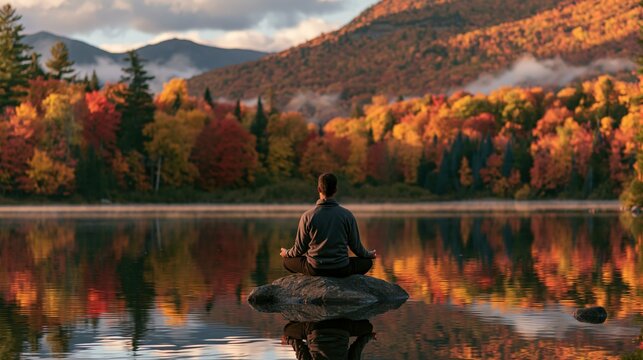 a person meditating on a rock in the middle of a calm lake. The person wears a darkcolored shirt and black pants, positioned in a meditative pose with their hands resting on their knees.