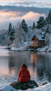 a solitary figure seated on a rock, gazing at a calm lake. The person wears a bright red jacket, contrasting with the snowcovered landscape. The lake reflects the skys soft hues.