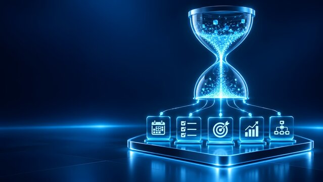 Digital hourglass hologram processing data particles connected to business productivity scheduling and analytics icons