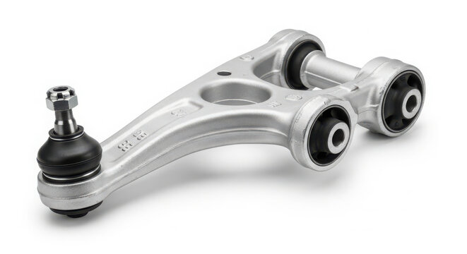 Automotive control arm suspension part featuring metallic aluminum construction with rubber bushings and a sturdy ball joint connector for vehicles