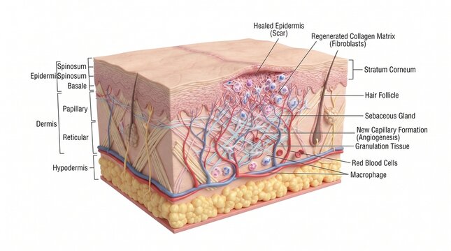 Anatomical Cross Section Illustration of Human Skin Layers and Internal Structures