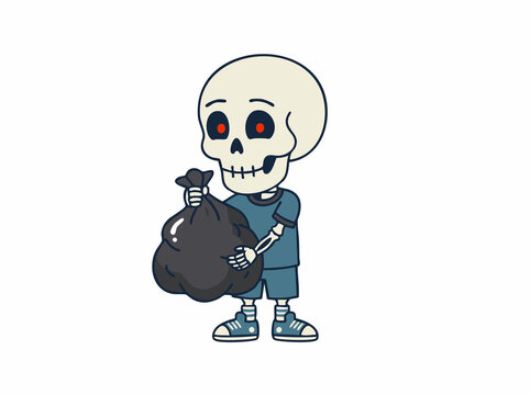Cartoon skeleton character holding a bag of trash