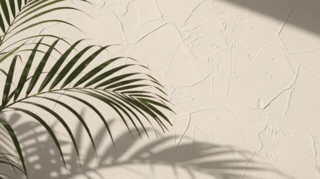 Minimalist Tropical Palm Leaf and Sunlight Shadow on Beige Textured Plaster Wall with Copy Space Motion Background Loop