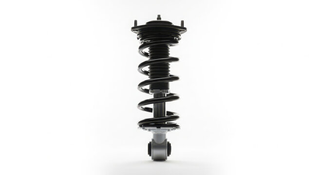 Automotive suspension strut featuring heavy duty black coiled steel spring isolated on white background for vehicle maintenance and repair needs