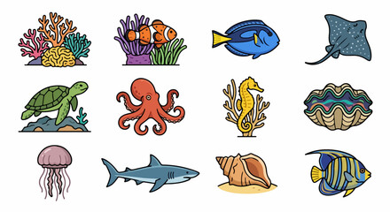 Obraz premium Colorful Illustrated Collection of Marine Sea Creatures.