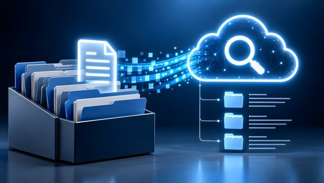 Digital document retrieval system using cloud technology and magnifying glass icon to search organized data archives and virtual file cabinets