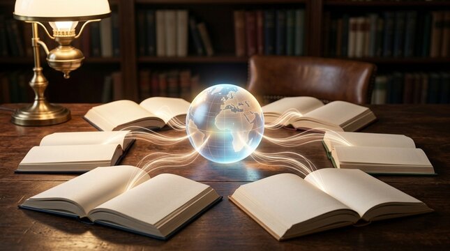 Concept of Global Education and Universal Knowledge with a Glowing Digital Earth Floating Above Open Books in a Library