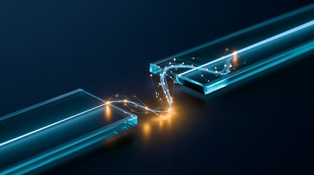 Self healing agentic AI workflow concept, an interrupted glass data bridge with a small visible gap, autonomous luminous nodes constructing an elegant alternative route around the gap