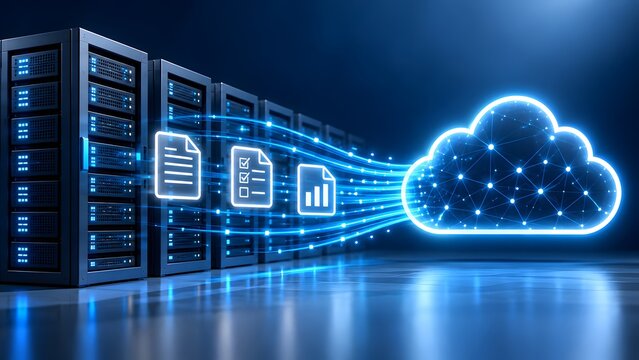 Enterprise data center migration transferring digital documents from physical server racks into virtual cloud computing architecture via high-speed streams