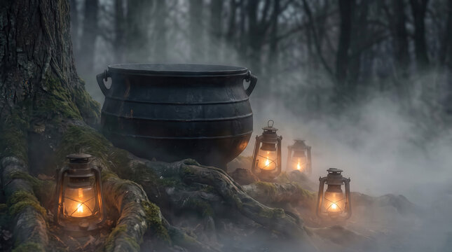 Mystical black cauldron and vintage oil lanterns in a foggy enchanted forest at night representing witchcraft and mystery for fantasy themes