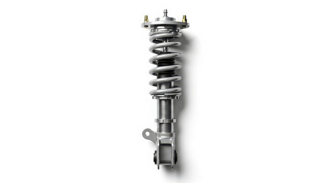 Metallic car suspension strut assembly featuring polished chrome coil springs and adjustable mounts isolated on a clean white studio background