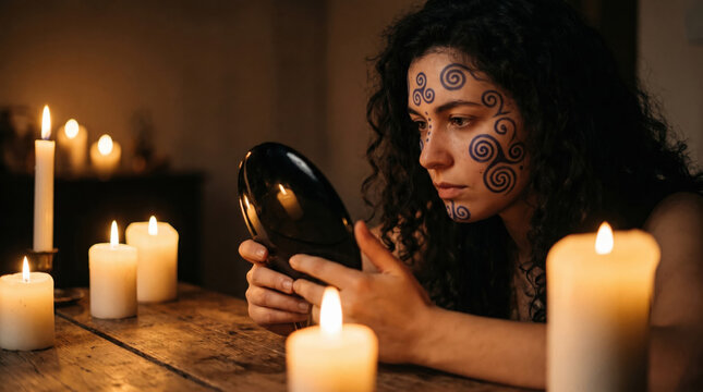 Young woman with tribal face paint looking into a black scrying mirror surrounded by glowing candles for divination ritual