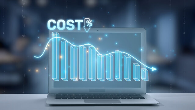 A modern laptop showcases a digital graph illustrating the decrease in costs with blue bars and percentage indicators, representing financial trends and analysis in a professional setting. Salient