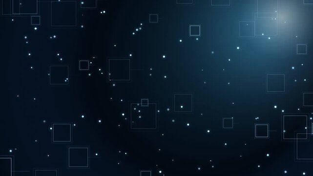 Futuristic digital background with floating square particles and glowing light effects. Abstract tech motion graphics with dark blue geometric shapes. High-tech data visualization loop. High