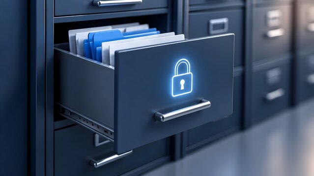 Confidential corporate records in open filing cabinet drawer with glowing digital padlock icon