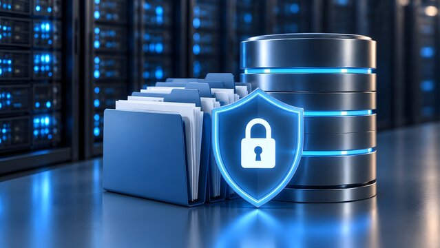 Secure server database storage with glowing padlock shield protecting digital folder assets in data center